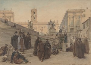 ローマのアラコエリ教会の階段から見たカンピドリオ、日没、1846年。 作： Charles Francois Houel