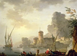 夕暮れ時の地中海のハーバーシーン 作： Charles Francois Lacroix de Marseille