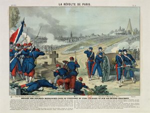 ペールラシェーズ墓地とショーモンヒルに塹壕を掘った反逆者の敗北、1871年（カラー彫刻）