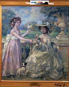 テラスに二人の女の子。 Charles Francois Prosper Guerin (1875-1939) の絵画 作： Charles Francois Prosper Guerin