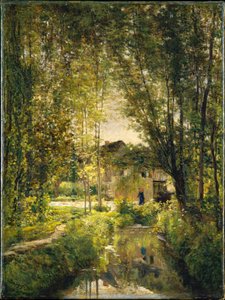 シャルル＝フランソワ・ドービニー、1877c - 陽のあたる小川のある風景 作： チャールズ・フランソワ・ドービニー