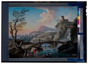 漁師が網を引く川の風景、岩場の風景、その向こうに歩道橋 作： Charles François Grenier de Lacroix