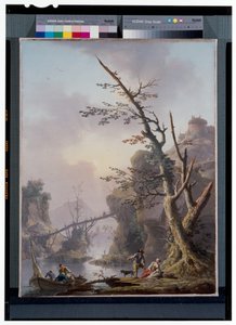 網で追いつめる漁師たちのいる川の風景 作： Charles François Grenier de Lacroix