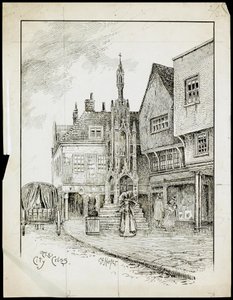 ハンプシャー州ウィンチェスター、ハイストリート、バタークロスの北西からの眺め（紙にペンとインク） 作： Charles George Harper