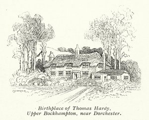 トーマス・ハーディの生家、アッパー・ボックハンプトン、ドーチェスター近郊（リトグラフ） 作： Charles George Harper