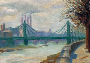 チェルシー堤防からのバタシー発電所 (パネルに油彩) 作： Charles Ginner