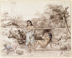 タヒチ海水浴、1844年（紙にペンとウォッシュ） 作： Charles Giraud