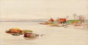 コテージのある海岸シーン（水彩） 作： Charles Gustav Louis Phillips