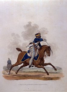 Colnaghi und Co. 1812-15によって発行されたJCスタドラーによって刻まれた「大英帝国の陸軍の衣装、最後の規則1812による」からの第13軽竜騎兵のプライベート。 作： Charles Hamilton Smith