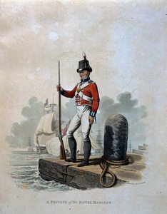 Colnaghi und Co. 1812-15（色付きの水色）によって公開されたJCスタドラーによって刻まれた「大英帝国の陸軍の衣装、最後の規則1812による」からの海兵隊員のプライベート