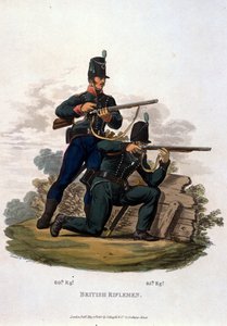 JC Stadlerによって彫刻された「大英帝国軍のコスチューム、最後の規則1812による」イギリスのライフルマン、Colnaghi und Co. 1812-15から出版（アクアチント色）