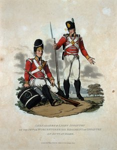 「大英帝国陸軍の衣装、1812年の最後の規制による」から刻まれた、第29回グレナディアと軽歩兵、または自宅勤務のウスターシャー連隊