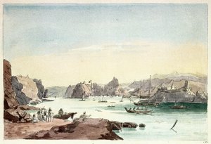 マスカットの小川（オマーン）。チャールズ・ハミルトン・スミス中佐（1776-1859）の絵画 作： Charles Hamilton Smith