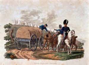 Colnaghi und Co. 1812-15（色付きのアクアチント）によって発行されたJCスタドラーによって刻まれた「大英帝国の陸軍の衣装、最後の規則1812による」からのロイヤルアーティレリードライバー