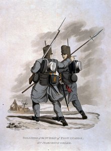 JCスタドラーによって刻まれた「大英帝国軍のコスチューム、最後の規則1812による」から、行進の第1歩兵連隊の兵士。 作： Charles Hamilton Smith