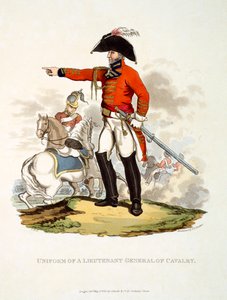 「最後の規則によると大英帝国のコスチューム」からの騎兵中尉の制服、1813年公開（手塗りのアクアチント）