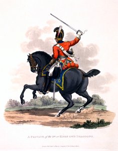1812年に公開された「最後の規則によると、大英帝国の衣装」からの3人目またはキング自身のドラグーンの私服の制服（手塗りのアクアチント） 作： Charles Hamilton Smith