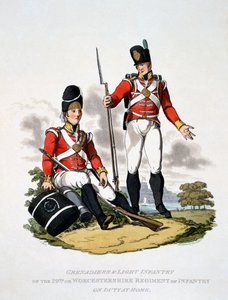 「最後の規則によると大英帝国のコスチューム」から1813年に発行された手榴弾のユニフォームと20番またはウスターシャー連隊の軽歩兵、手描きのアクアチント