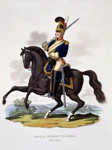 「大英帝国の衣装、最後の規則による」からのロイヤルホースガードの「ブルース」の制服、1812年から15年に公開（ハンドカラーのアクアチント）