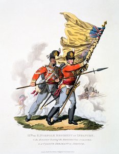 「最後の規則によると、大英帝国の衣装」から1813年に発行された、第9または東ノーフォークの歩兵連隊の制服と色（手塗りのアクアチント）