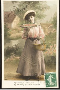 古い絵葉書/April Fish/Woman of Belle Epoque 作： Augustus Kollner