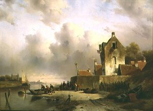 岸壁のそばに漁師がいる河口の風景 作： Charles Henri Joseph Lieckert