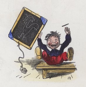 黒板に描かれたコケコッコーの絵を持つ少年（彩色済み彫刻 作： Charles Henry (after) Bennett