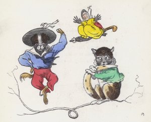 デイム・トロッティペグとペットの猫と犬（カラー彫刻 作： Charles Henry (after) Bennett