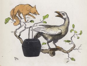 接着剤の入った鍋に尻尾を入れたキツネとガチョウ（彩色済み彫刻 作： Charles Henry (after) Bennett
