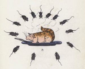 皿の上の大食漢の猫が空腹のネズミに囲まれている（彩色済み彫刻 作： Charles Henry (after) Bennett