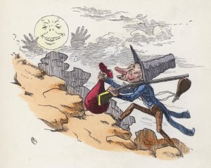 丘に登って月を撮影する男（彩色彫刻 作： Charles Henry (after) Bennett