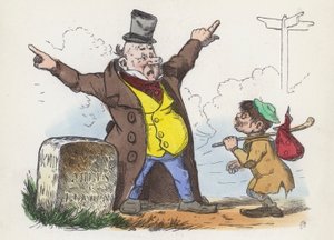 ロンドンへの道で旅人に混乱した道案内をする男（彩色済み彫刻 作： Charles Henry (after) Bennett