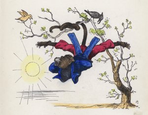 尻尾で木にぶら下がる猿（彩色済み彫刻 作： Charles Henry (after) Bennett