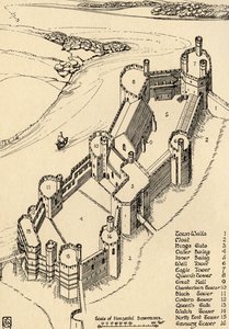 1931年北ウェールズのカーナーボン城の鳥瞰図 作： Charles Henry Bourne Quennell