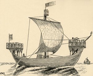ドーバーシールに基づくエドワード1世の時代の船、1284年、1931年 作： Charles Henry Bourne Quennell