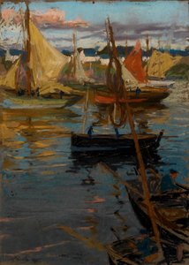 影にバラの小道がある夕焼け (Boats Concarneau) 作： Charles Henry Fromuth