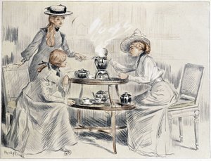 小さなサモワールを囲んでお茶を飲む女性たち - アンリ・テンレのドローイング、1910年頃 作： Charles Henry Tenre
