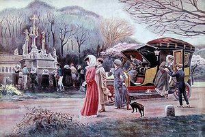 イースターの日、ブルターニュ地方の道端にあるカルバリーの前で祈りを捧げる旅人たち 作： Charles Henry Tenre