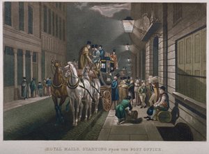 中央郵便局の外にある郵便馬車、ロンバード ストリート、シティ オブ ロンドン、1827 年 作： Charles Hunt