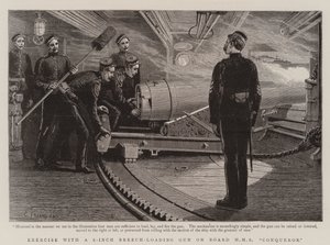 HMS Conquerorに搭載された6インチのブリーチローディングガンを使用した運動 作： Charles J. Staniland