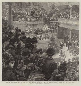 イーストエンドのチャーリントン氏のホールにあるロンドン病院を救った大デモ 作： Charles J. Staniland