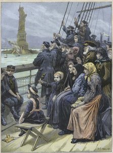Jew Immigrants Arriving In New York Usa In 1892 - ニューヨーク港の巨大な像を通過するロシアからのユダヤ人難民 - チャールズ・ジョセフ・スタニランドの彫刻 - "Arrival of Jewish emigrants to New York in 1892, illustration of Charles Joseph STANIL