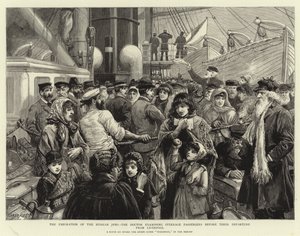 ロシアのユダヤ人の移住、リバプールを出発する前にステアレージの乗客を調べる医師 作： Charles J. Staniland