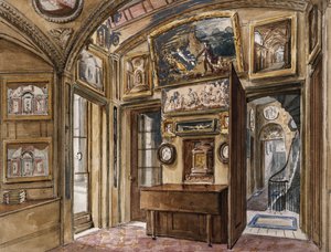 13リンカーンのインズフィールズにあるジョンソーン卿の博物館の朝食ルーム、南側のホールと階段を見る 作： Charles James Richardson