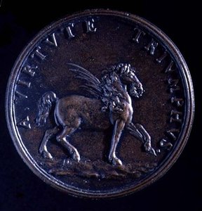 ジャン・ロレンツォ・ベルニーニの肖像メダル、翼のある馬の裏面 作： Charles Jean Francois Cheron