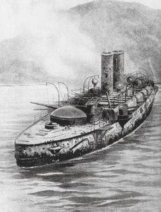 1898年、海戦後のスペイン装甲巡洋艦オケンド（リトグラフ） 作： Charles John de (after) Lacy