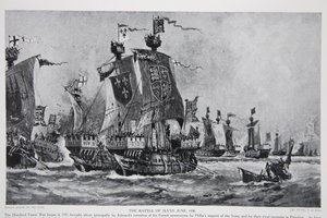 1340年6月24日のスライスの戦い、「ハッチンソンのイギリス国民の物語」、1923年頃のイラスト 作： Charles John de Lacy