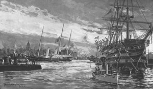 ビクトリア女王の葬儀...ポーツマス港に入るロイヤルヨットアルバータ... 1901。 作： Charles John de Lacy