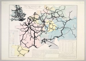 1862年、1865年のヨーロッパの主要鉄道における旅行者の動きの比喩的および近似的な地図 作： Charles Joseph Minard