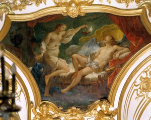 ランプを掲げて妻のエロス（愛）を思い浮かべるプシュケ 天井画 シャルル・ジョゼフ・ナトワール（Charles-Joseph Natoire 作： Charles Joseph Natoire